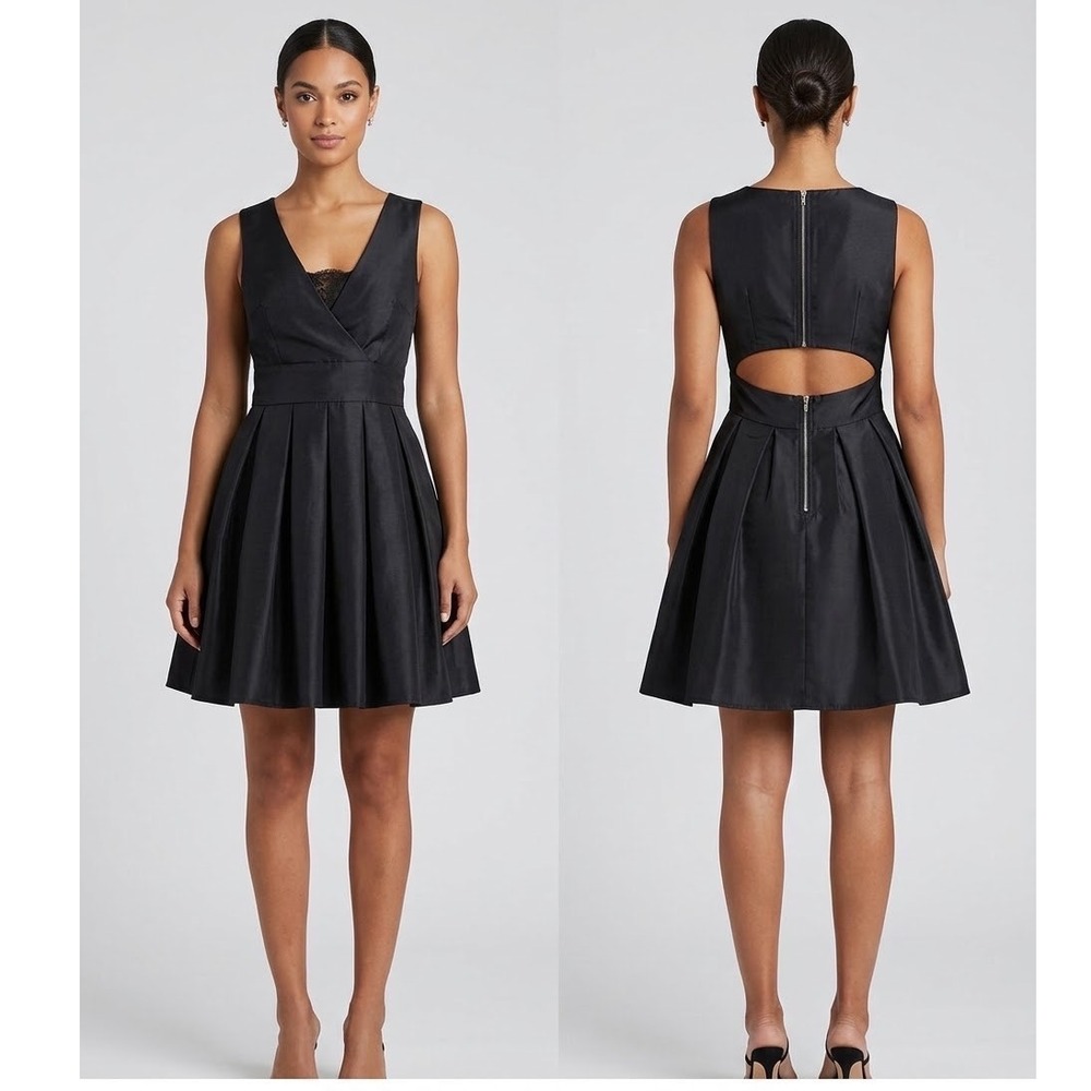 Maniju Black Satin V-Neck Cutout Back Pleated Fit and Flare Dress Small M23320